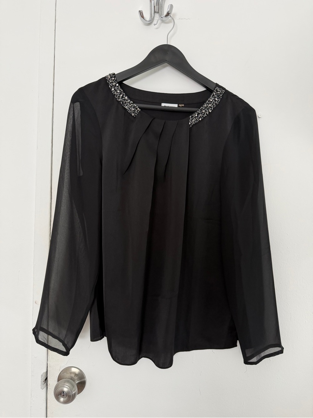 DKNYC Black Beaded Collar Long-Sleeve Blouse